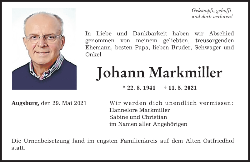Traueranzeige von Johann Markmiller von Augsburger Allgemeine
