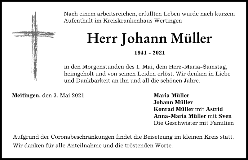 Traueranzeige von Johann Müller von Wertinger Zeitung, Augsburg-Land