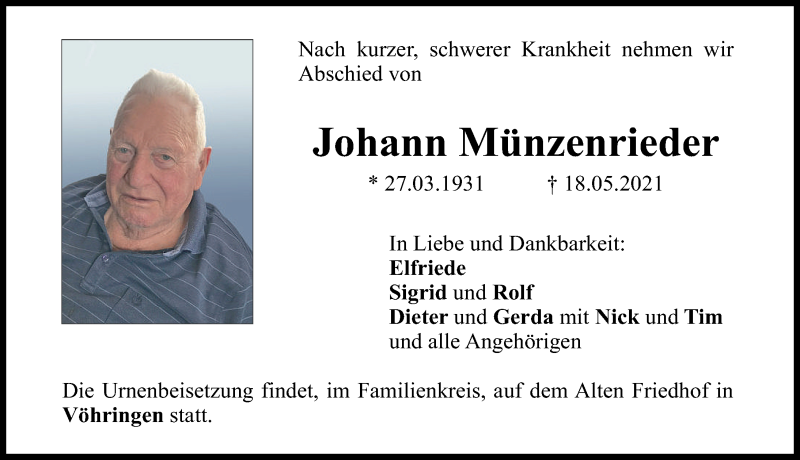 Traueranzeige von Johann Münzenrieder von Illertisser Zeitung