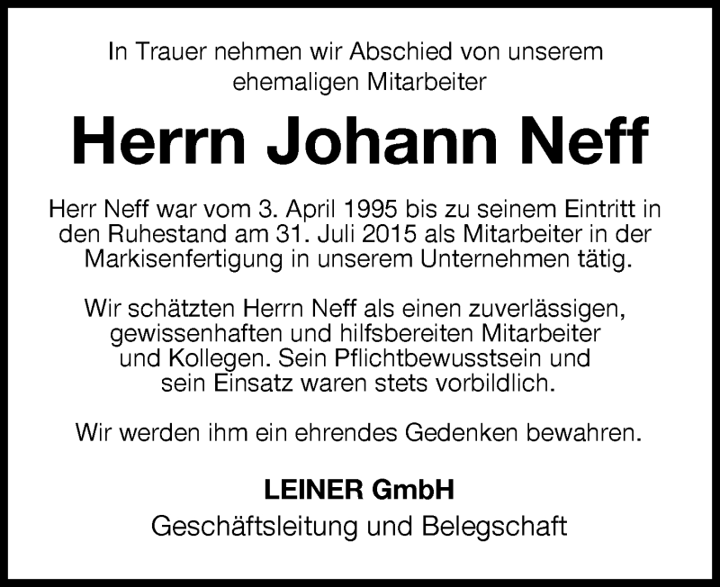  Traueranzeige für Johann Neff vom 14.08.2021 aus Augsburger Allgemeine