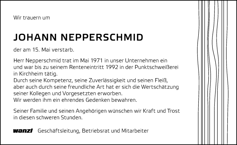 Traueranzeige von Johann Nepperschmid von Mindelheimer Zeitung