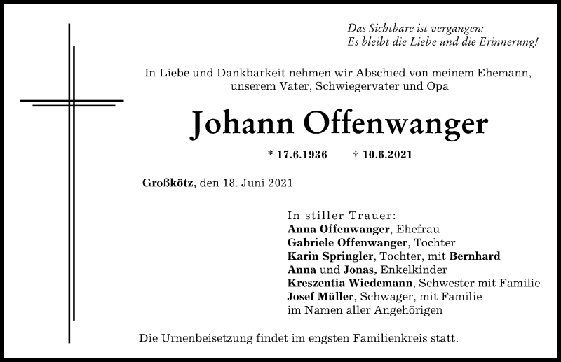 Traueranzeige von Johann Offenwanger von Günzburger Zeitung