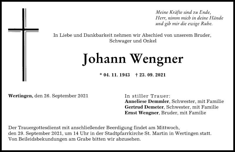 Traueranzeige von Johann Wengner von Wertinger Zeitung