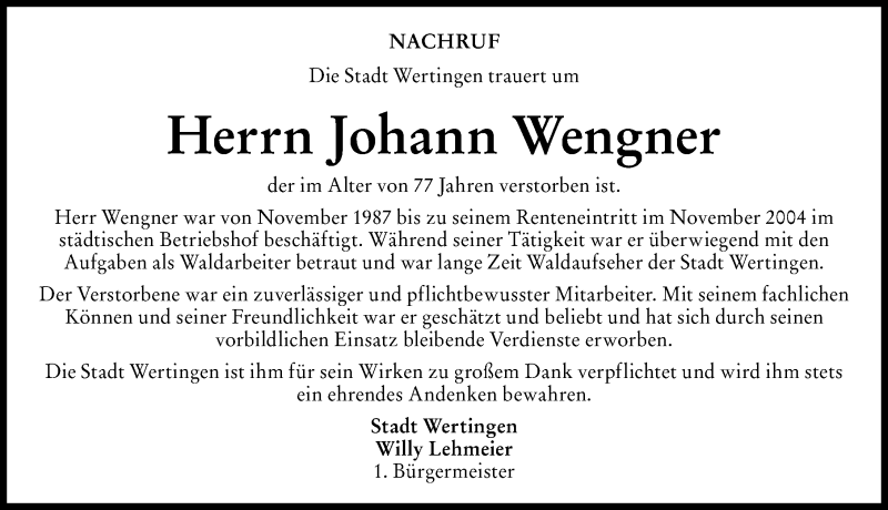 Traueranzeige von Johann Wengner von Wertinger Zeitung