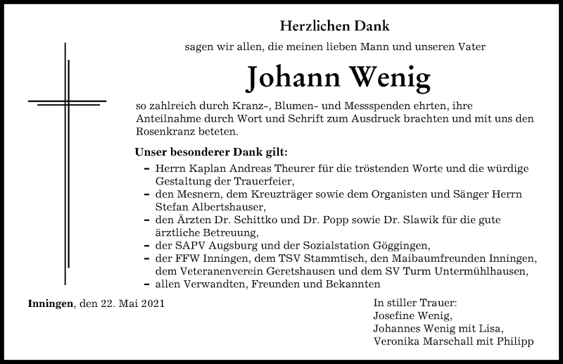 Traueranzeige von Johann Wenig von Augsburger Allgemeine