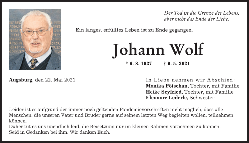 Traueranzeige von Johann Wolf von Augsburger Allgemeine