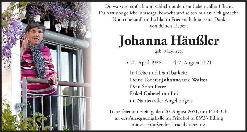 Traueranzeige von Johanna Häußler von Donauwörther Zeitung