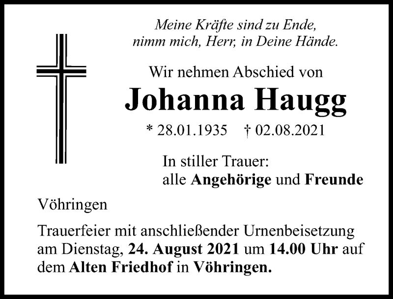 Traueranzeige von Johanna Haugg von Illertisser Zeitung