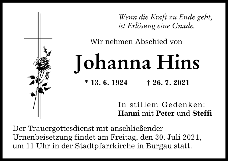 Traueranzeige von Johanna Hins von Günzburger Zeitung