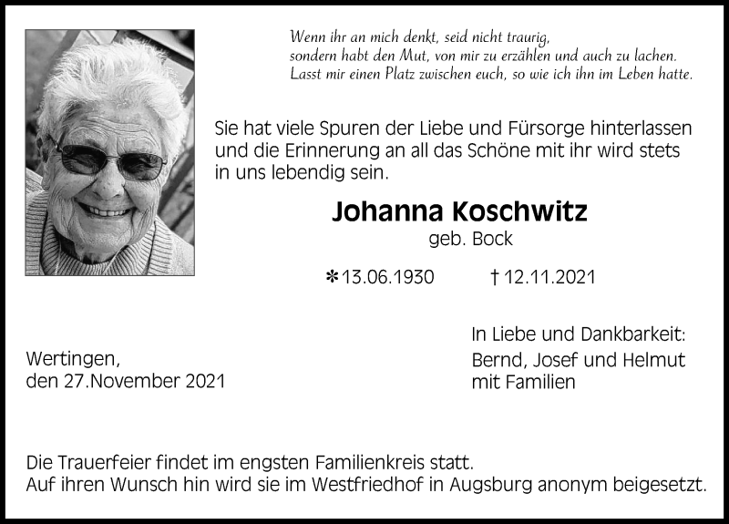 Traueranzeige von Johanna Koschwitz von Wertinger Zeitung