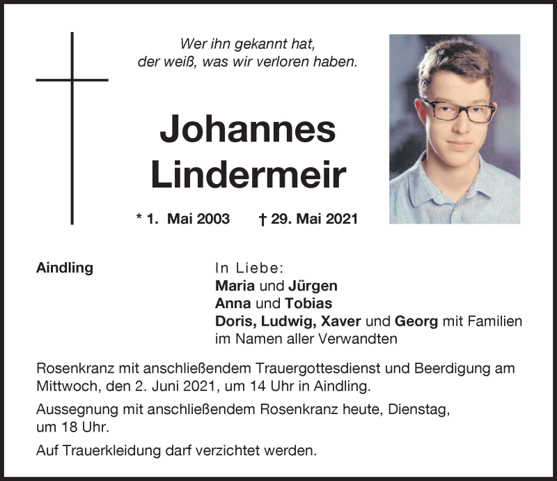  Traueranzeige für Johannes Lindermeir vom 01.06.2021 aus Aichacher Nachrichten, Augsburger Allgemeine