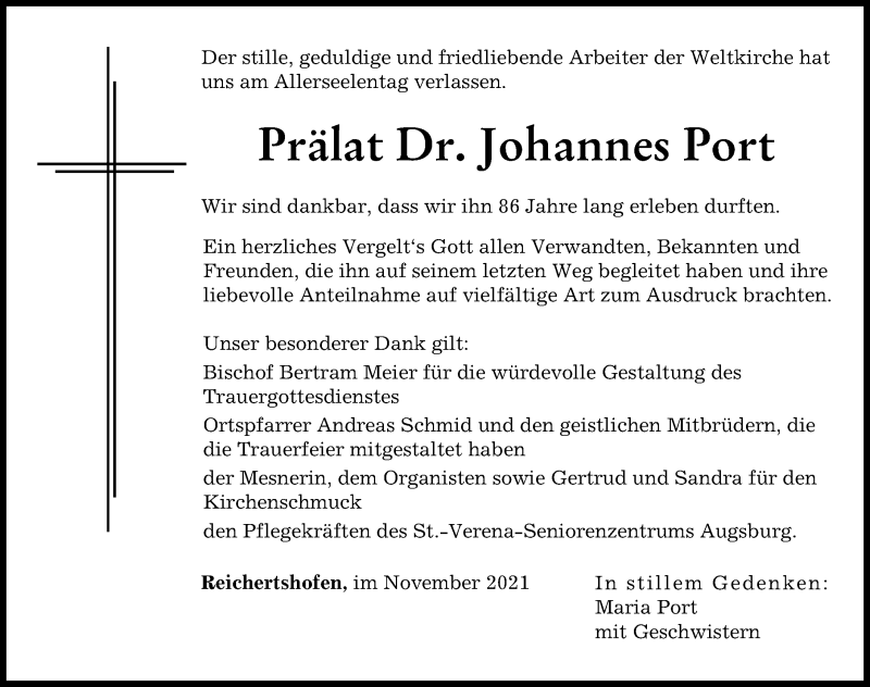 Traueranzeige von Johannes Port von Augsburger Allgemeine