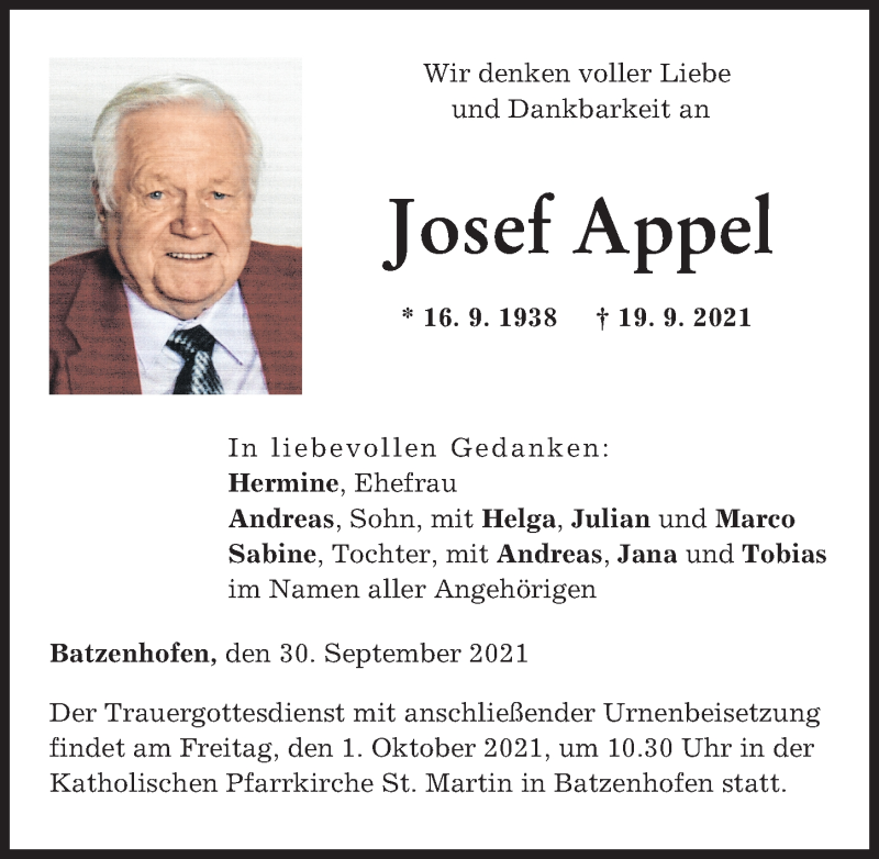 Traueranzeige für Josef Appel vom 30.09.2021 aus Augsburg-Land