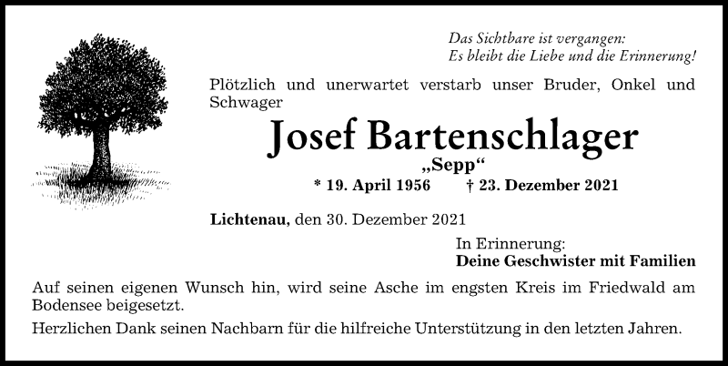 Traueranzeige von Josef Bartenschlager von Mindelheimer Zeitung