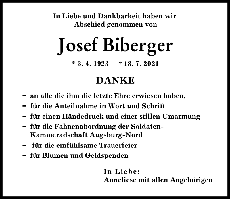 Traueranzeige von Josef Biberger von Augsburger Allgemeine