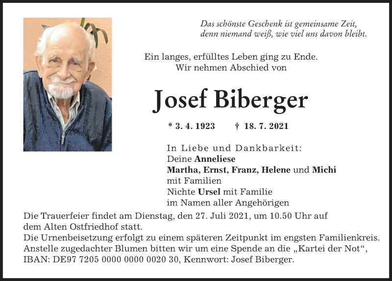 Traueranzeige von Josef Biberger von Augsburger Allgemeine