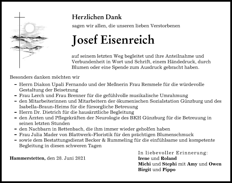 Traueranzeige von Josef Eisenreich von Günzburger Zeitung