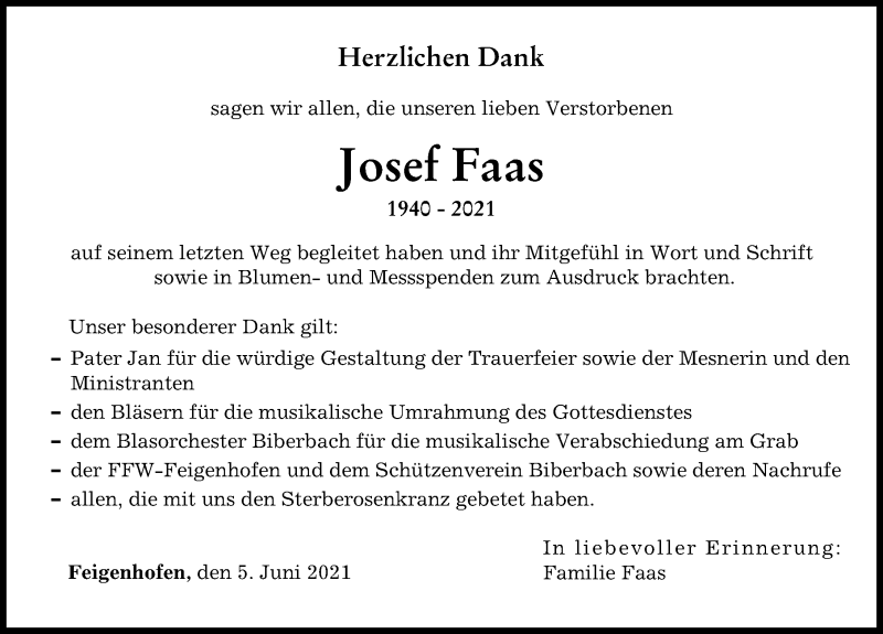 Traueranzeige von Josef Faas von Augsburg-Land