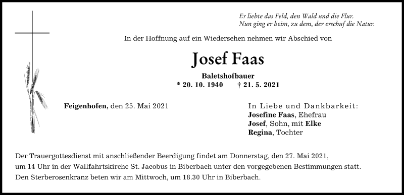 Traueranzeige von Josef Faas von Augsburg-Land