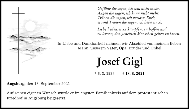  Traueranzeige für Josef Gigl vom 18.09.2021 aus Augsburger Allgemeine