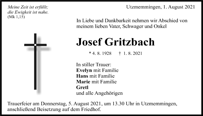 Traueranzeige von Josef Gritzbach von Rieser Nachrichten