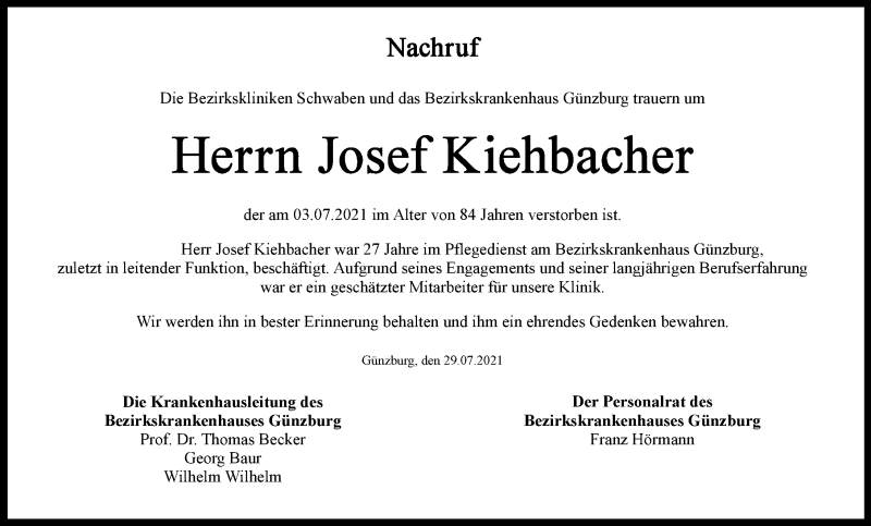 Traueranzeige von Josef Kiehbacher von Günzburger Zeitung