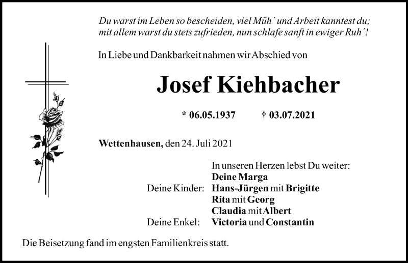 Traueranzeige von Josef Kiehbacher von Günzburger Zeitung