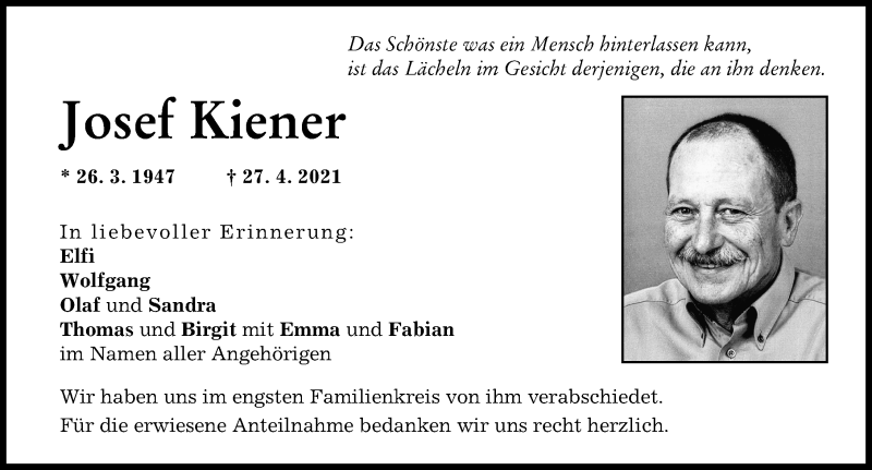 Traueranzeige von Josef Kiener von Illertisser Zeitung