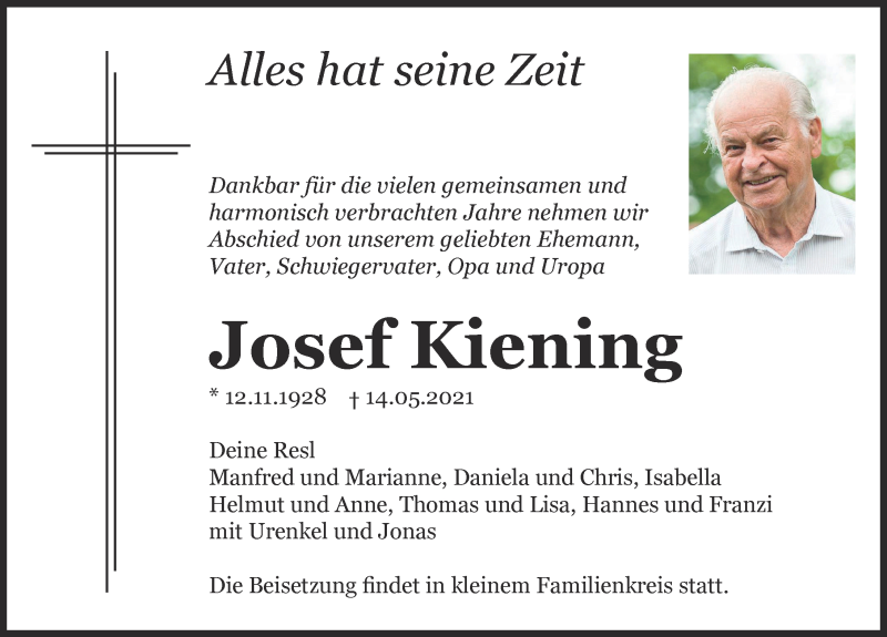 Traueranzeige von Josef Kiening von Friedberger Allgemeine, Augsburger Allgemeine