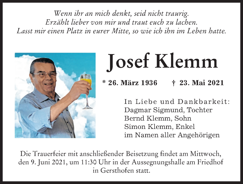 Traueranzeige von Josef Klemm von Augsburger Allgemeine