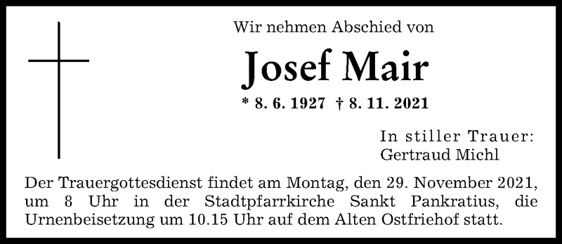 Traueranzeige von Josef Mair von Augsburger Allgemeine