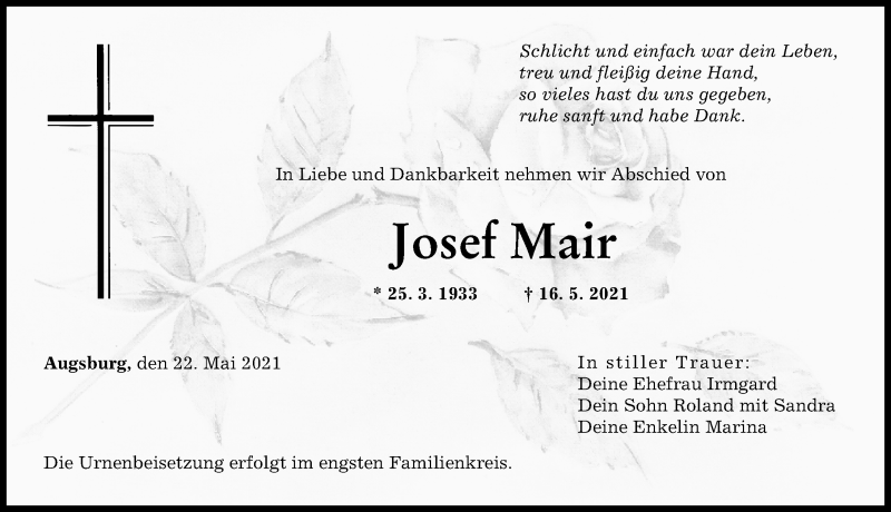 Traueranzeige von Josef Mair von Augsburger Allgemeine