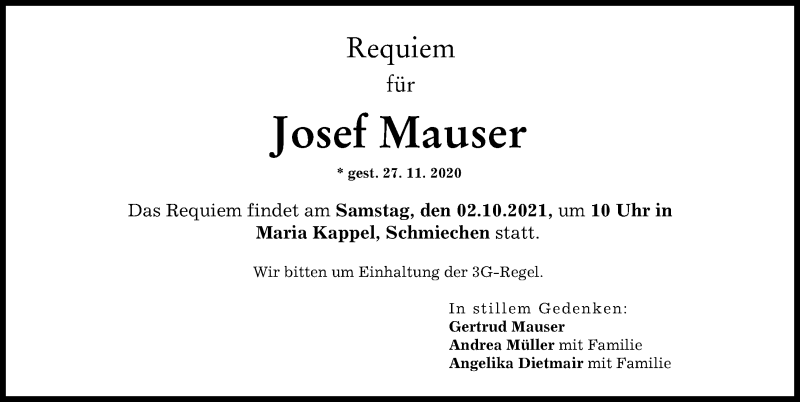 Traueranzeige von Josef Mauser von Friedberger Allgemeine