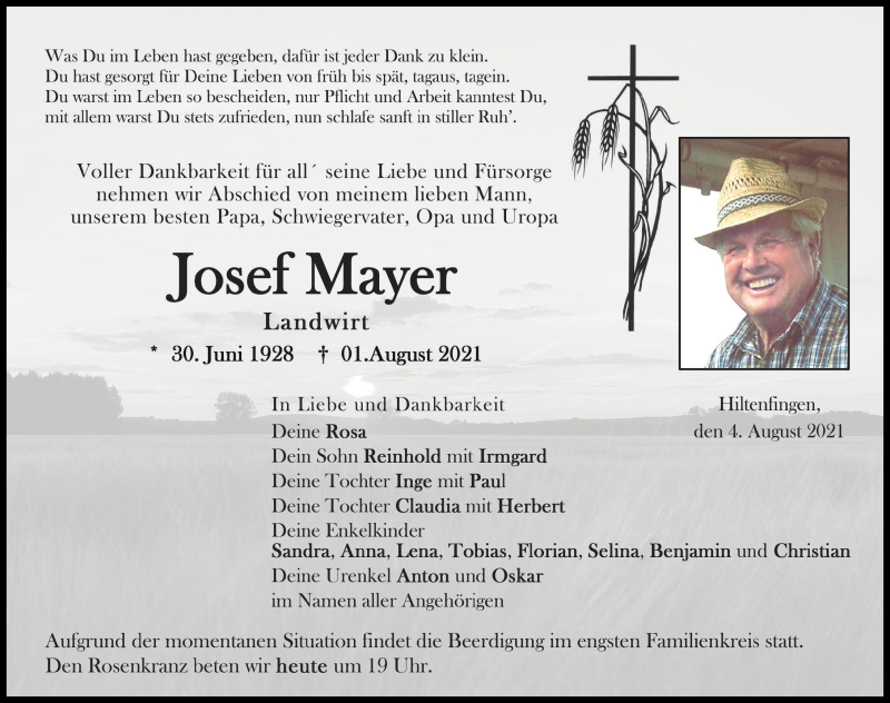 Traueranzeige von Josef Mayer von Schwabmünchner Allgemeine