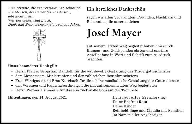 Traueranzeige von Josef Mayer von Schwabmünchner Allgemeine