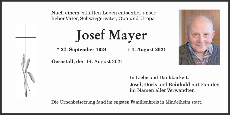 Traueranzeige von Josef Mayer von Mindelheimer Zeitung