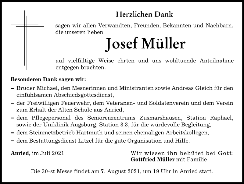 Traueranzeige von Josef Müller von Augsburg-Land