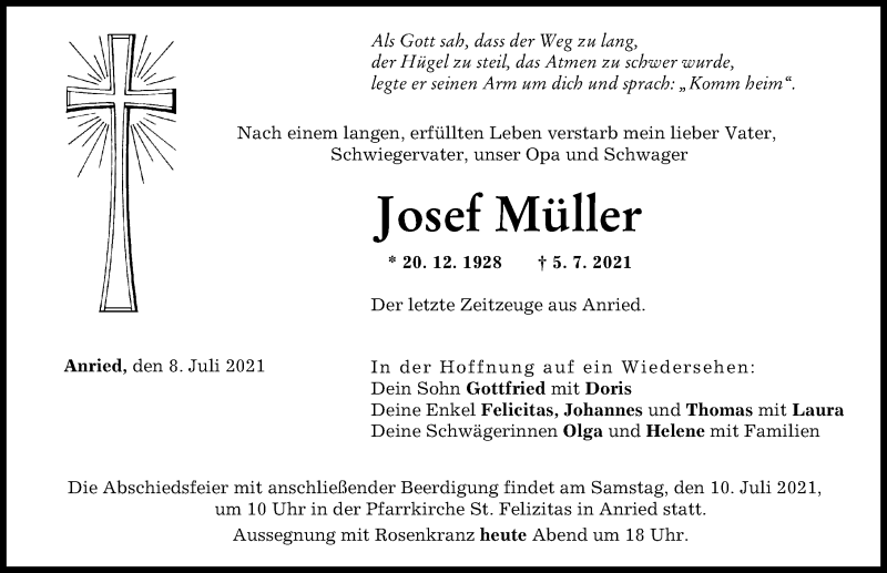 Traueranzeige von Josef Müller von Augsburger Allgemeine