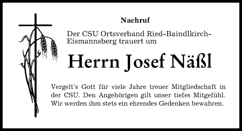 Traueranzeige von Josef Näßl von Friedberger Allgemeine