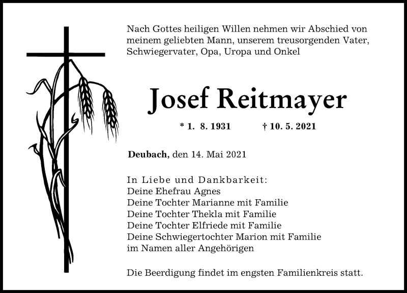 Traueranzeige von Josef Reitmayer von Augsburger Allgemeine