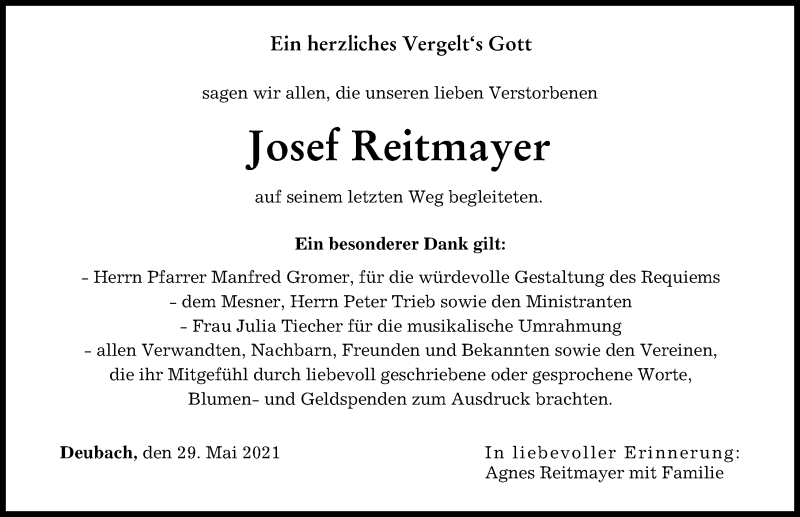 Traueranzeige von Josef Reitmayer von Augsburger Allgemeine