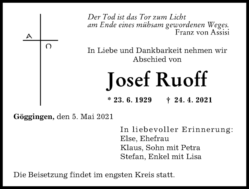 Traueranzeige von Josef Ruoff von Augsburger Allgemeine