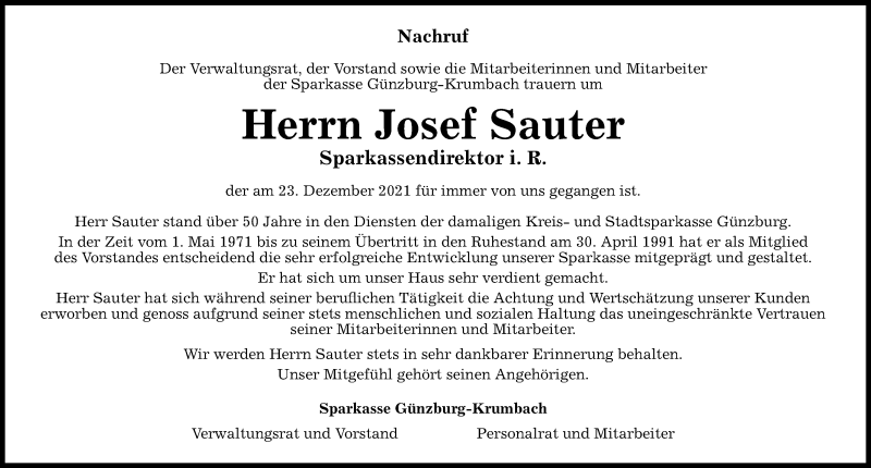  Traueranzeige für Josef Sauter vom 28.12.2021 aus Günzburger Zeitung