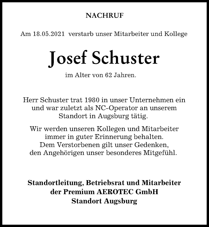 Traueranzeige von Josef Schuster von Augsburger Allgemeine