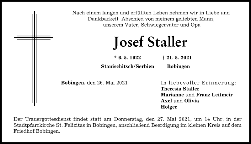 Traueranzeige von Josef Staller von Schwabmünchner Allgemeine