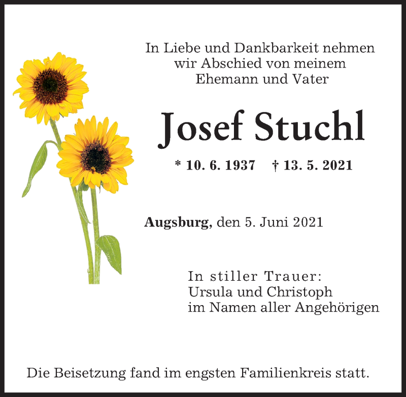 Traueranzeige von Josef Stuchl von Augsburger Allgemeine