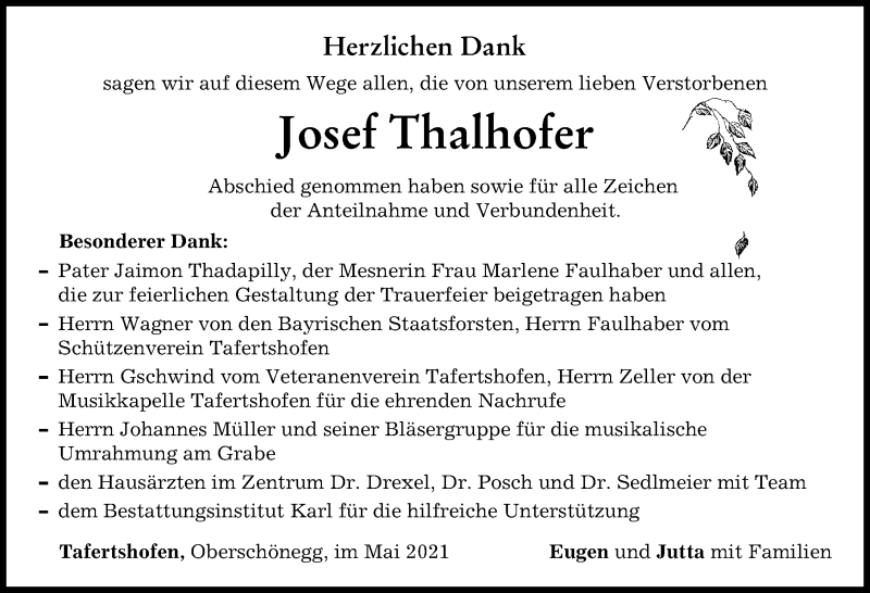 Traueranzeige von Josef Thalhofer von Illertisser Zeitung