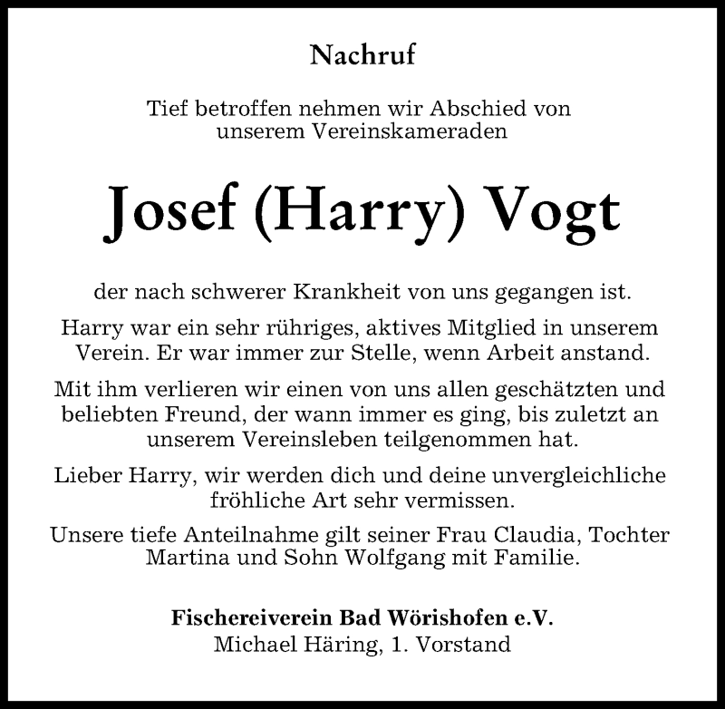 Traueranzeige von Josef Vogt von Mindelheimer Zeitung