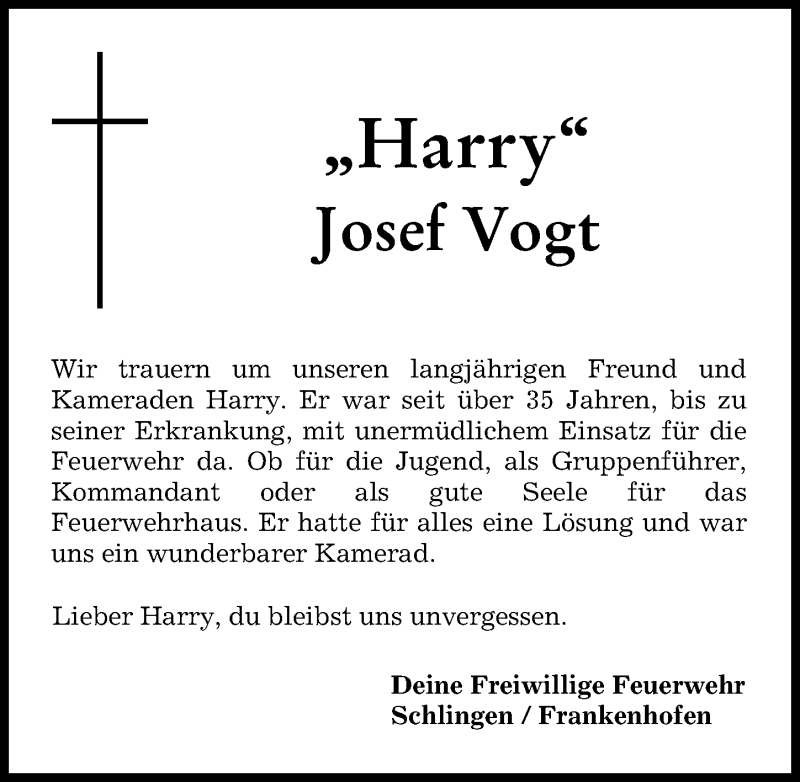 Traueranzeige von Josef Vogt von Mindelheimer Zeitung