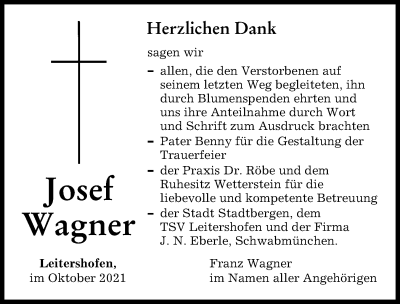 Traueranzeige von Josef Wagner von Augsburger Allgemeine